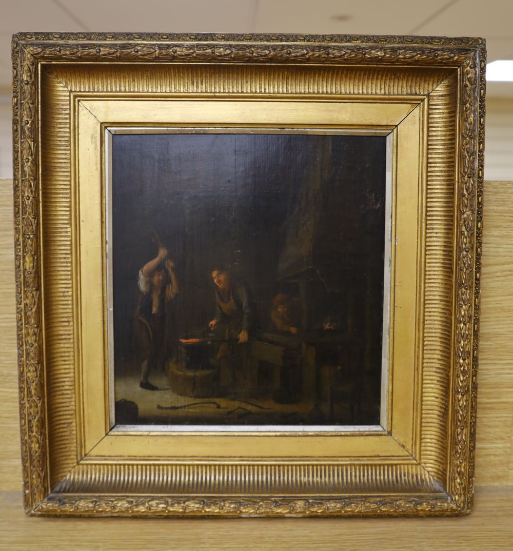 19th century Flemish School, oil on wooden panel, Blacksmiths Forge, 28 x 26cm